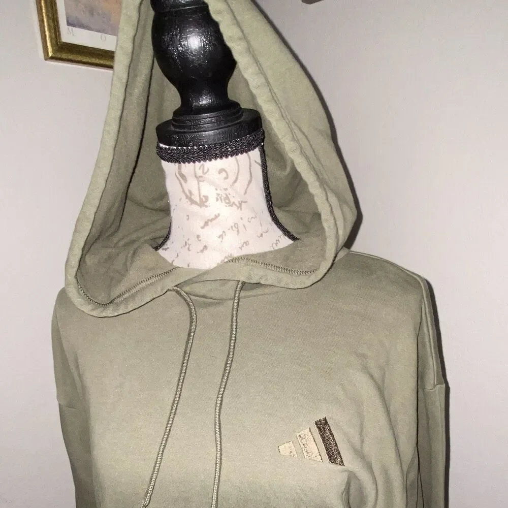 adidas Mens S Green Solid Fleece Pullover Hoodie Logo Drawstring Pockets